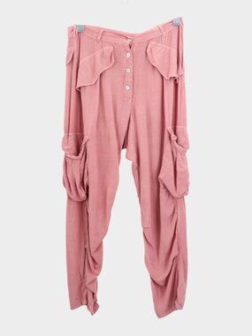 Jen's Pirate Booty Pink Cargo Pants Drop Crotch Ruffle Pocket Button Fly Boho M